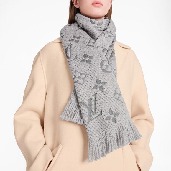 Louis Vuitton Accessories - Louis Vuitton Logomania Pearl Grey Wool Monogram Fringe Scarf